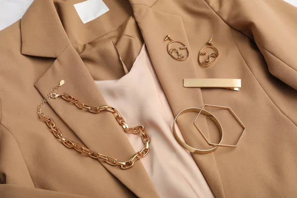 Elegant Golden Bijouterie Stylish Clothes Closeup — Stock Photo, Image