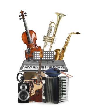 Beyaz arkaplanda farklı müzik araçları grubu
