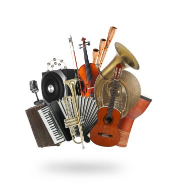 Beyaz arkaplanda farklı müzik araçları grubu