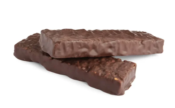 Leckere Schokolade Glasierte Proteinriegel Auf Weißem Hintergrund Gesunde Snacks — Stockfoto