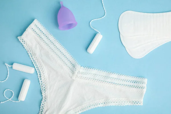 Flat Lay Composition Menstrual Pads Panties Light Blue Background — Stock Photo, Image