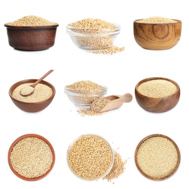 Beyaz arkaplanda ham kinoa ile ayarla 