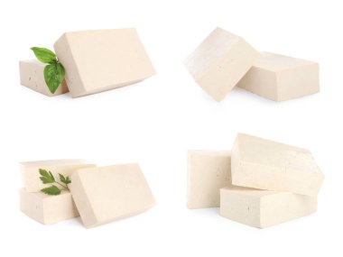Beyaz arkaplanda lezzetli çiğ tofu ile ayarlandı 