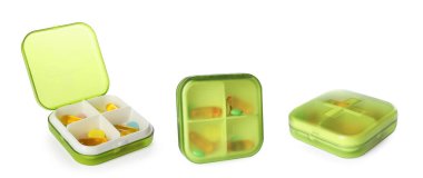 Beyaz arka plandaki haplar için plastik kutularla ayarlanmış. Pankart tasarımı