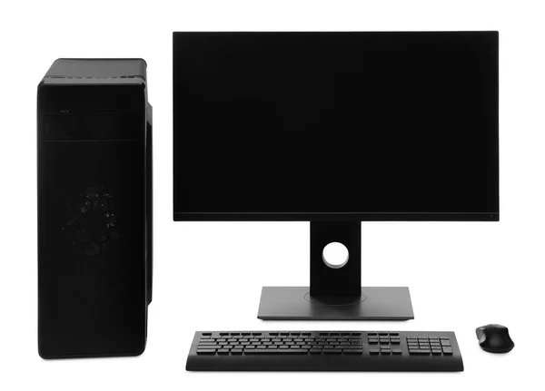 Modern Computer Monitor Black Screen System Unit Keyboard Mouse White — Stock Photo, Image