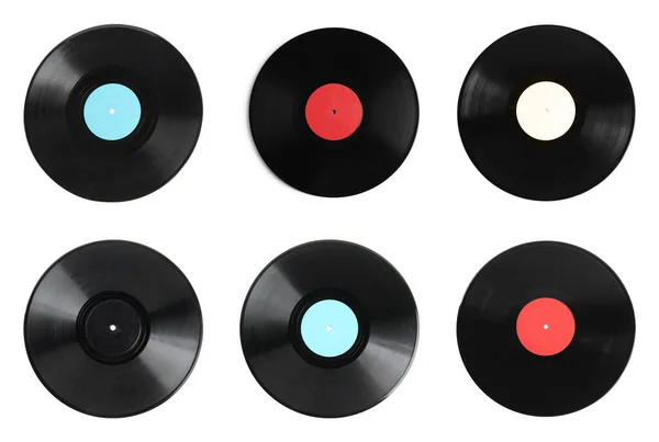 Disques Vinyle Vintage Noir Sur Fond Blanc Vue Dessus — Photo