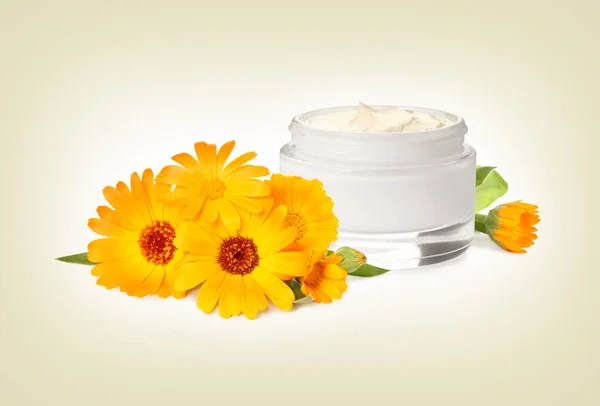 Body cream with calendula extract on light background. Natural based cosmetic product