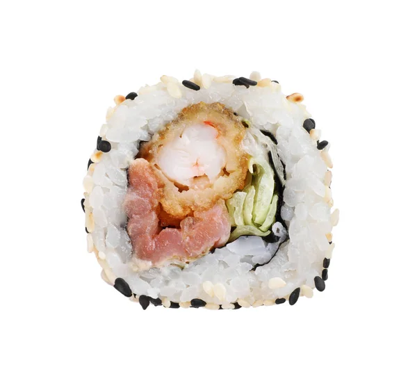 Leckere Sushi Rolle Mit Garnelen Isoliert Auf Weiß Draufsicht — Stockfoto