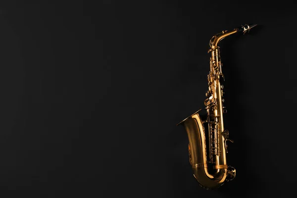 Beautiful Saxophone Black Background Top View Space Text — Stock Photo, Image