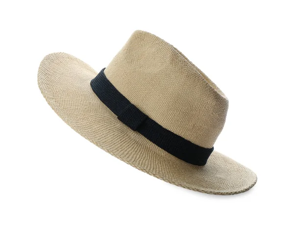 Snygg Klassisk Beige Hatt Isolerad Vitt — Stockfoto