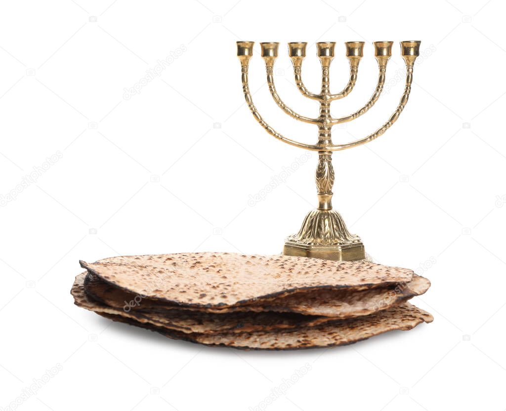 Tasty matzos and menorah on white background. Passover (Pesach) celebration