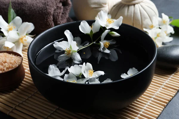 Beautiful Spa Composition Jasmine Essential Oil Fresh Flowers Table Closeup — Stock Photo, Image