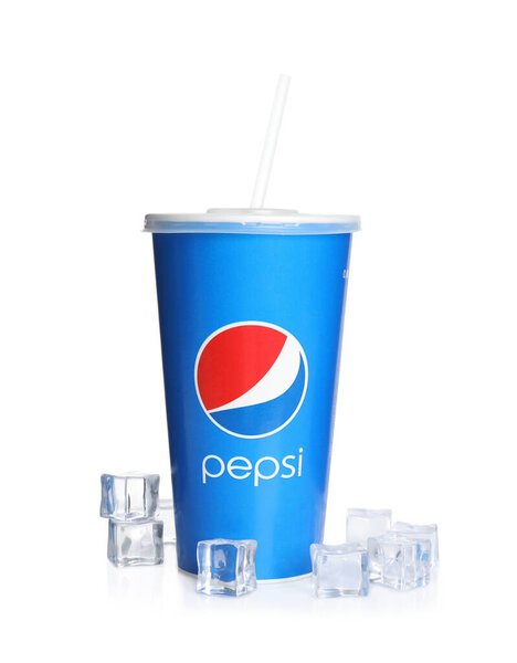 MYKOLAIV, UKRAINE - JUNE 9, 2021: Paper Pepsi cup with ice cubes isolated on white