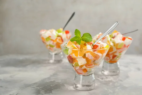 Delicious Broken Glass Jelly Dessert White Marble Table Space Text — Stock Photo, Image