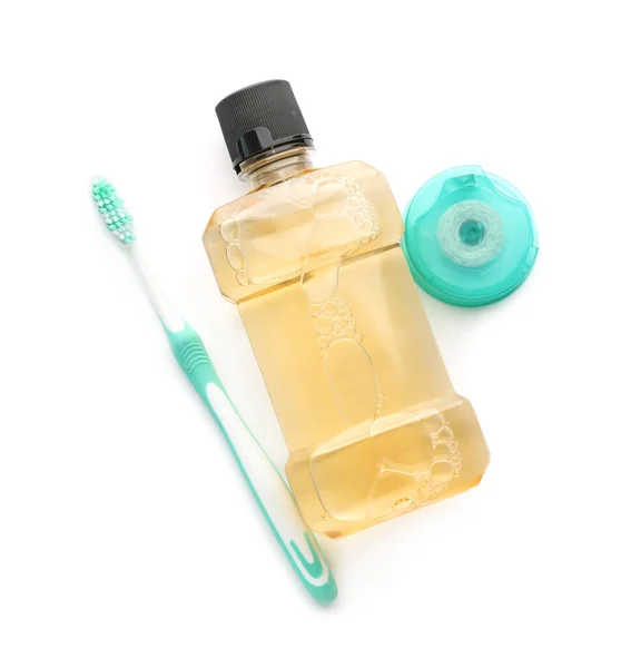 Mouthwash Toothbrush Dental Floss White Background Top View — Stock Photo, Image