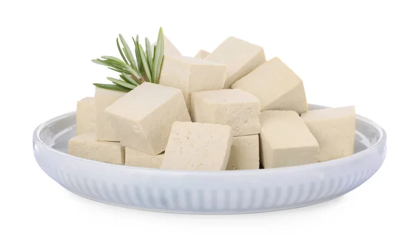 Tallrik Med Läckra Tofu Och Rosmarin Isolerad Vit — Stockfoto