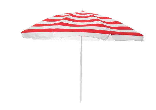 Open Rood Gestreepte Strand Paraplu Geïsoleerd Wit — Stockfoto