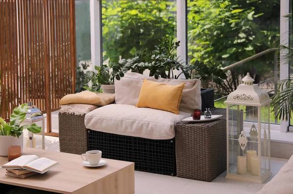 Indoor terrace interior with modern furniture and houseplants