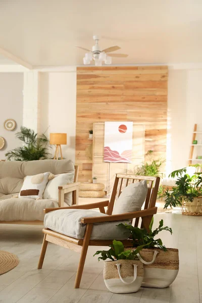 Interior Sala Luz Com Mobiliário Madeira Elegante Ideia Para Design — Fotografia de Stock