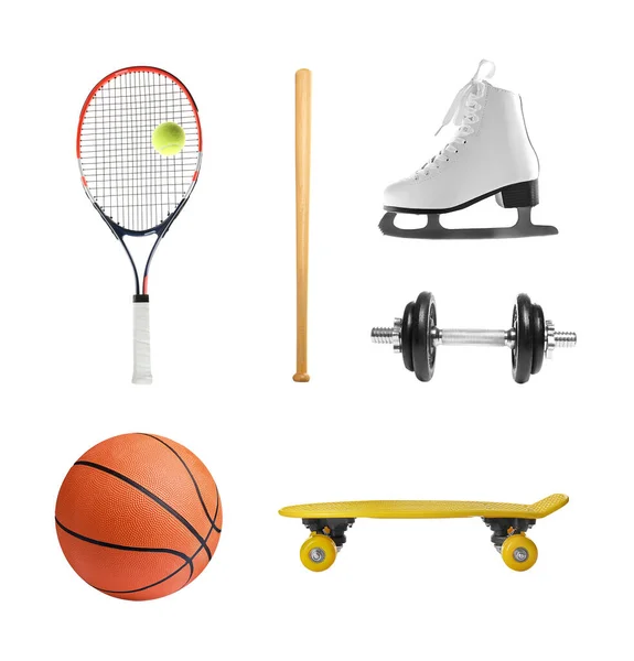 Set Různým Sportovním Vybavením Bílém Pozadí Aktivní Životní Styl — Stock fotografie