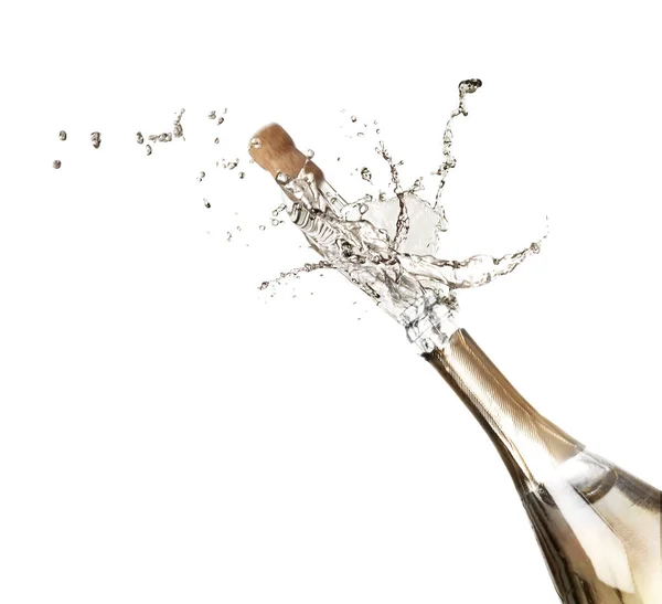 Sparkling Wine Splashing Out Bottle White Background — Stock Photo, Image