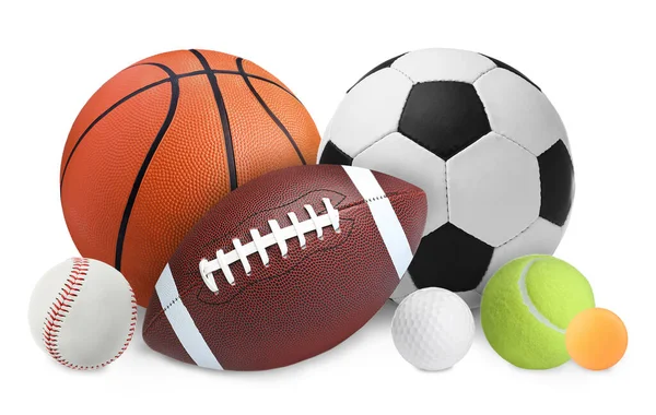 Groep Van Verschillende Sport Ballen Witte Achtergrond — Stockfoto