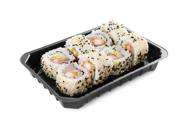 味道鲜美的寿司卷 白底盒装虾仁 — 图库照片