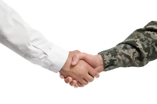 Soldier Businessman Shaking Hands White Background Closeup — Stock Photo, Image