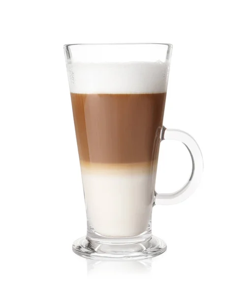 Warme Koffie Met Melk Glazen Beker Geïsoleerd Wit — Stockfoto