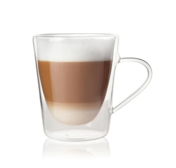 Café Caliente Con Leche Taza Vidrio Aislada Blanco —  Fotos de Stock