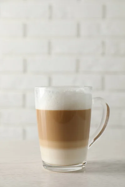 Heißer Kaffee Mit Milch Glasschale Auf Weißem Holztisch — Stockfoto