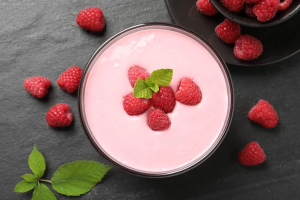 Delicious Raspberry Mousse Mint Black Table Flat Lay — Stock Photo, Image