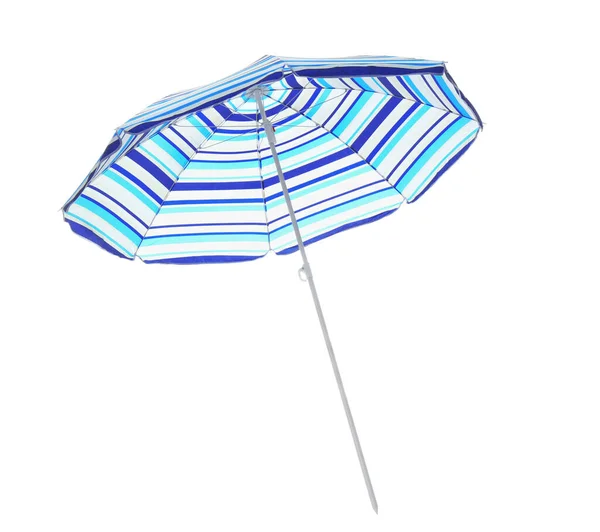 Nyílt Kék Csíkos Strand Esernyő Elszigetelt Fehér — Stock Fotó