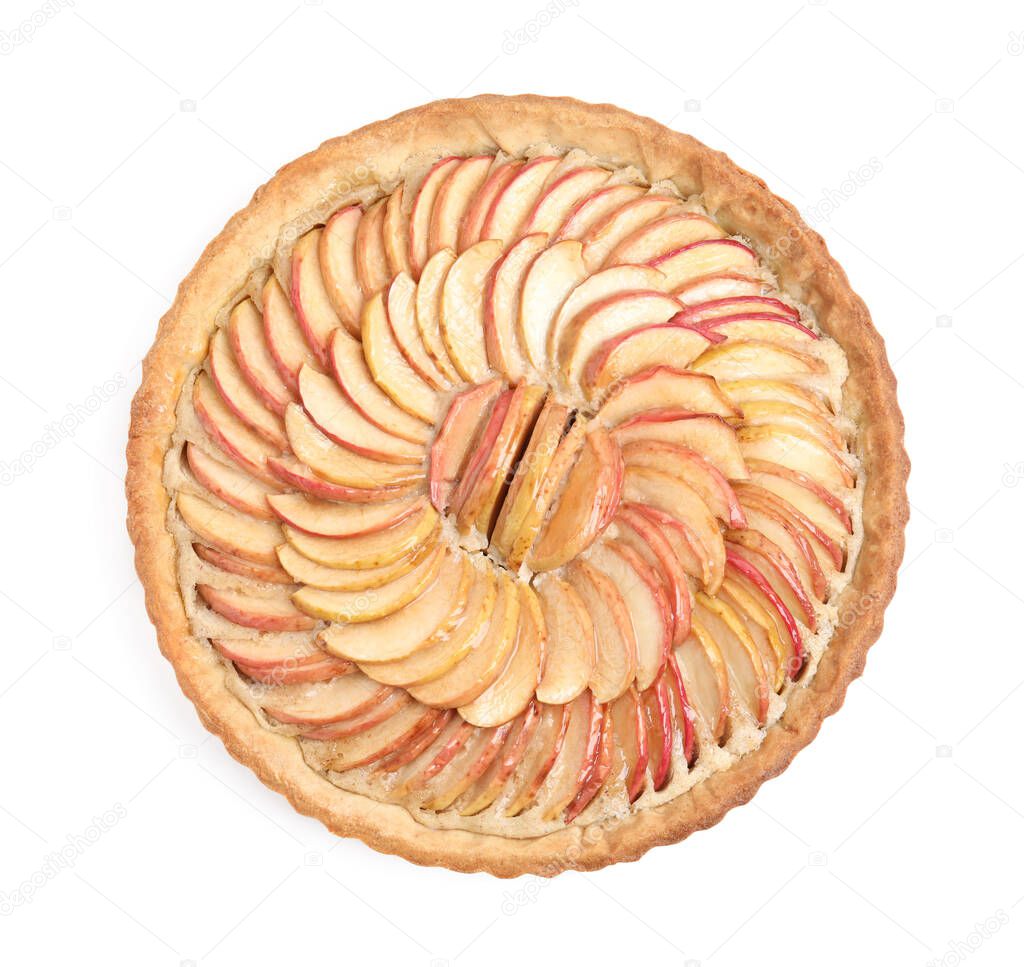 Delicious homemade apple tart isolated on white, top view