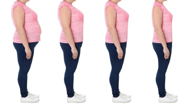 前と後の女性の写真とコラージュ白い背景に減量の食事療法 — ストック写真