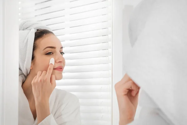 Woman Using Silkworm Cocoon Skin Care Routine Mirror Home — Stock Photo, Image