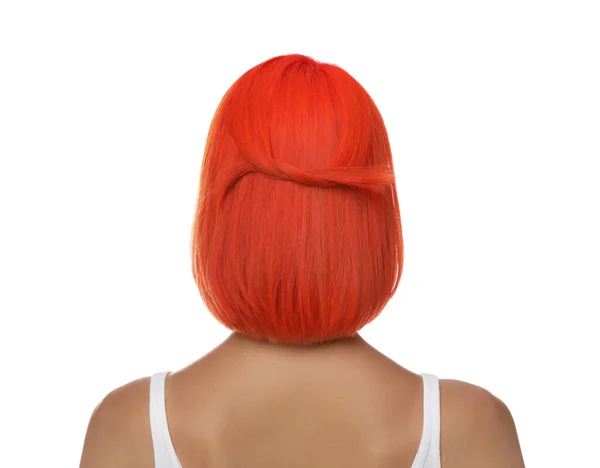 Junge Frau Mit Hell Gefärbten Haaren Auf Weißem Hintergrund Rückseite — Stockfoto
