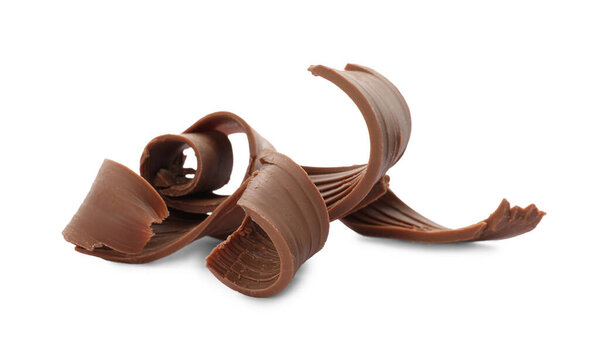 Yummy chocolate curls for decor on white background