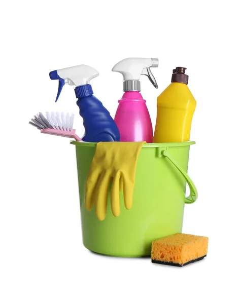 Plastic Bucket Cleaning Supplies Isolated White — Stock Photo, Image
