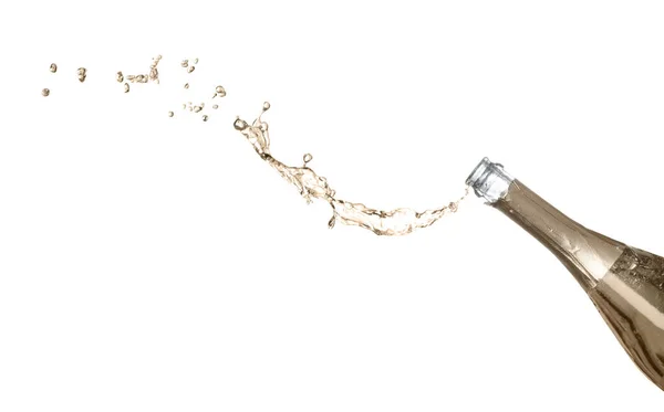 Sparkling Wine Splashing Out Bottle White Background — Stock Photo, Image
