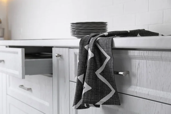 Clean Grey Towel Hanging Kitchen Counter — Stock Photo, Image