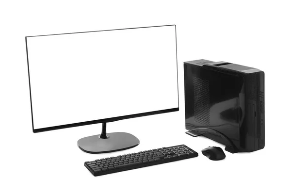 Modern Computer Monitor Black Screen Keyboard Mouse White Background — Stock Photo, Image