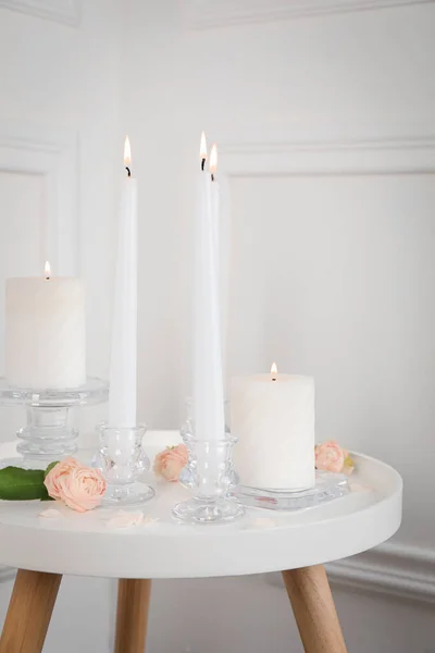 Elegant Candlesticks Burning Candles Flowers White Table — Stock Photo, Image