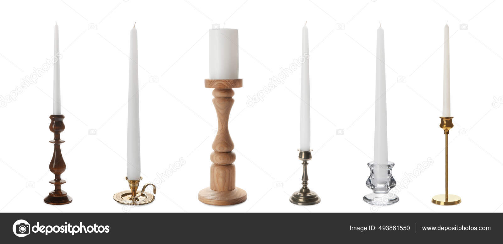 Set Different Stylish Candlesticks White Background Banner Design Stock