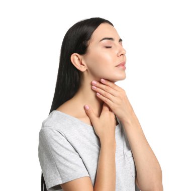 Young woman doing thyroid self examination on white background clipart