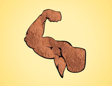 Kaslı adam sarı arka planda pazılarını gösteriyor, yakın plan. El silueti amino asit tozuyla yapılmış.