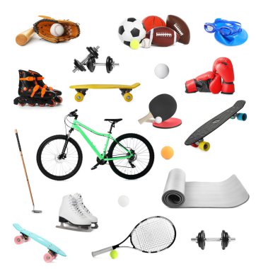 Beyaz arka planda farklı spor ekipmanlarıyla ayarlanmış. Etkin yaşam biçimi