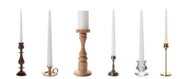 Set with different stylish candlesticks on white background, banner design clipart
