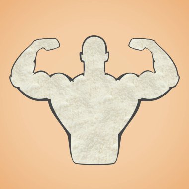 Kaslı adam bej arka planda pazılarını gösteriyor. Sporcunun amino asit tozundan yapılmış silueti.