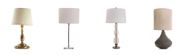 Set Con Eleganti Lampade Notturne Sfondo Bianco Design Banner — Foto Stock